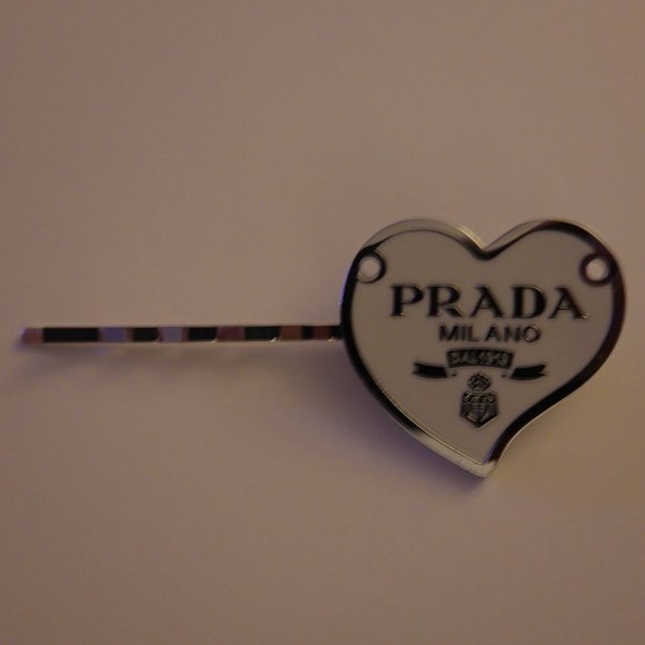 Authentic Prada Vintage White Silver Heart Button on New Hair Clip